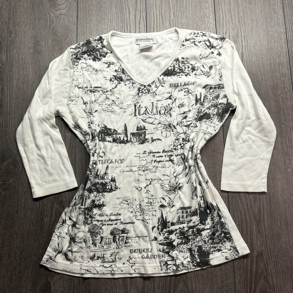 Paradiso Authentiques Women White Italia Graphic V-Neck 3/4 Sleeve Top Large y2k